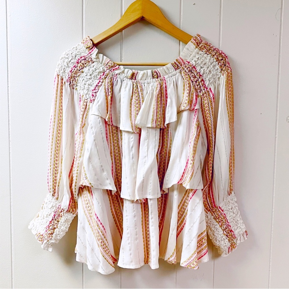 FOR THE REPUBLIC Womens Top SMALL Smocked Tiered Ruffles Striped Metallic Thread